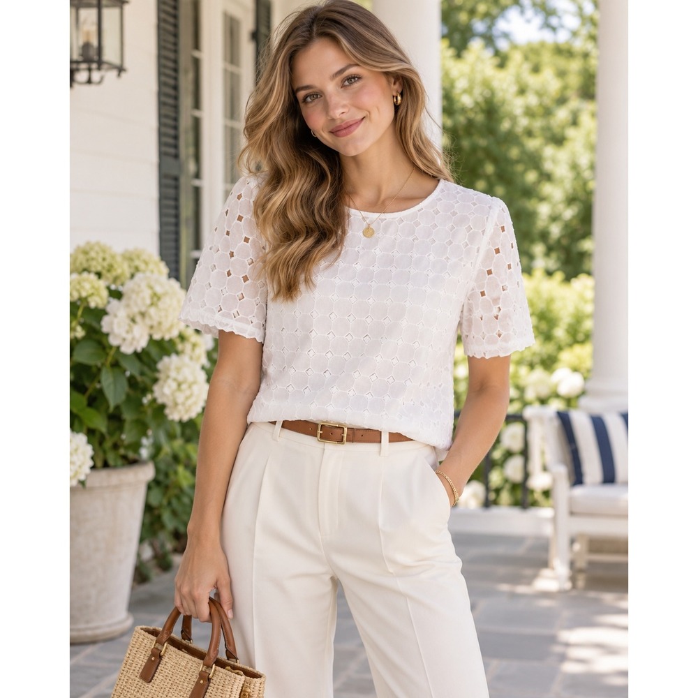 Banana Republic White Eyelet Lace Short Sleeve Scalloped Hem Blouse Top Medium